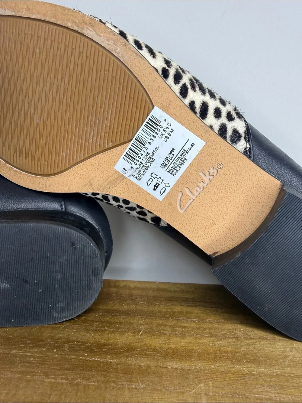 Clarks Pure Tone shoes in a black and white snow leopard print